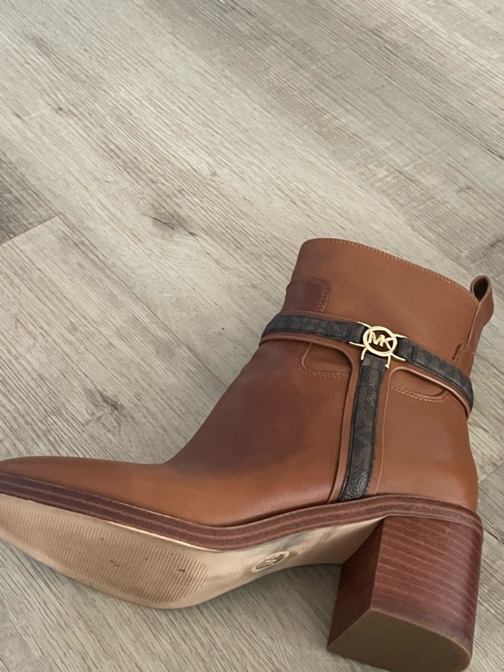 Michael Kors Cognac Leather Ankle Boots with Logo Harness - Picture 3 of 8